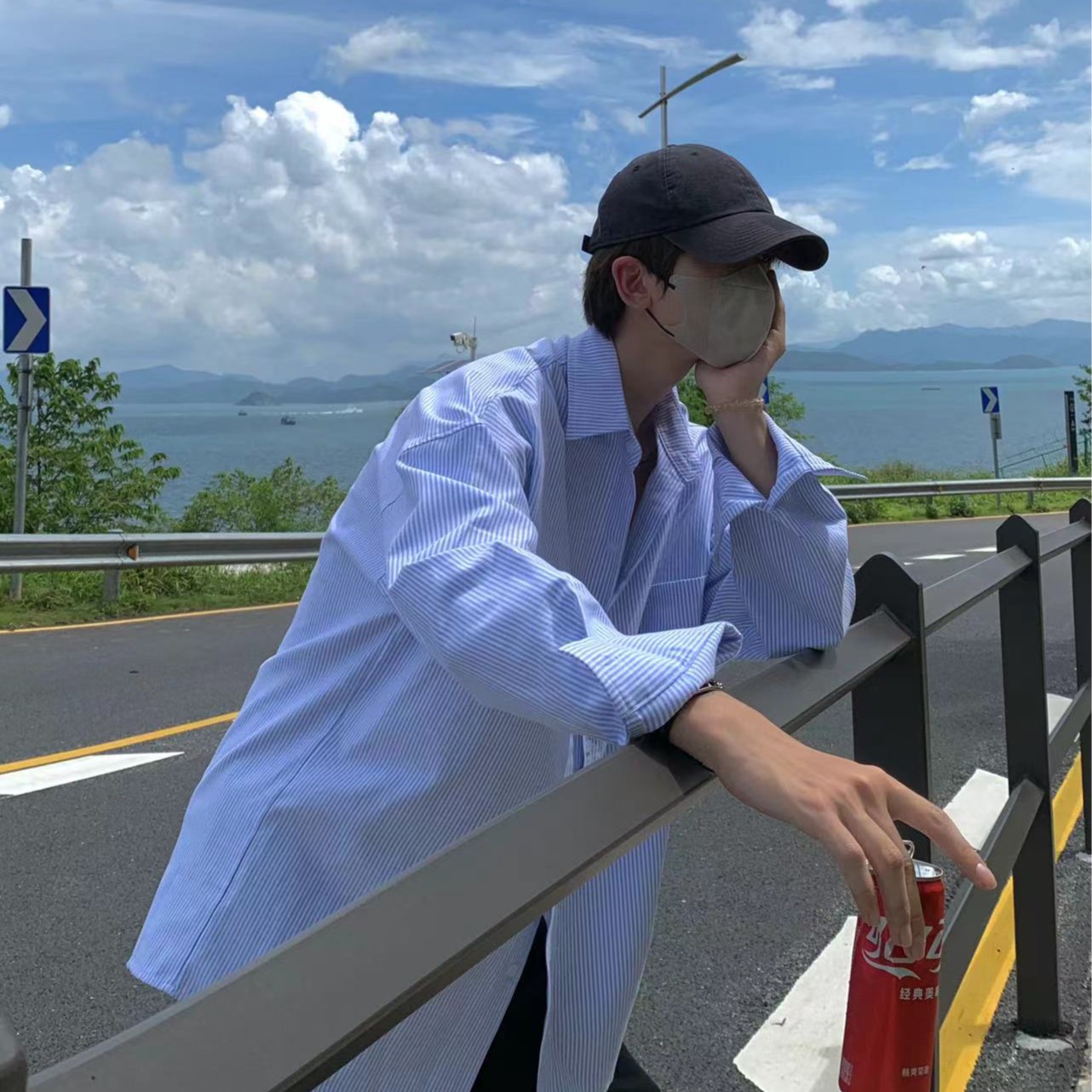 【小王家】韩版设计感百搭条纹宽松蓝色流行衬衫衬衣青春港风小众