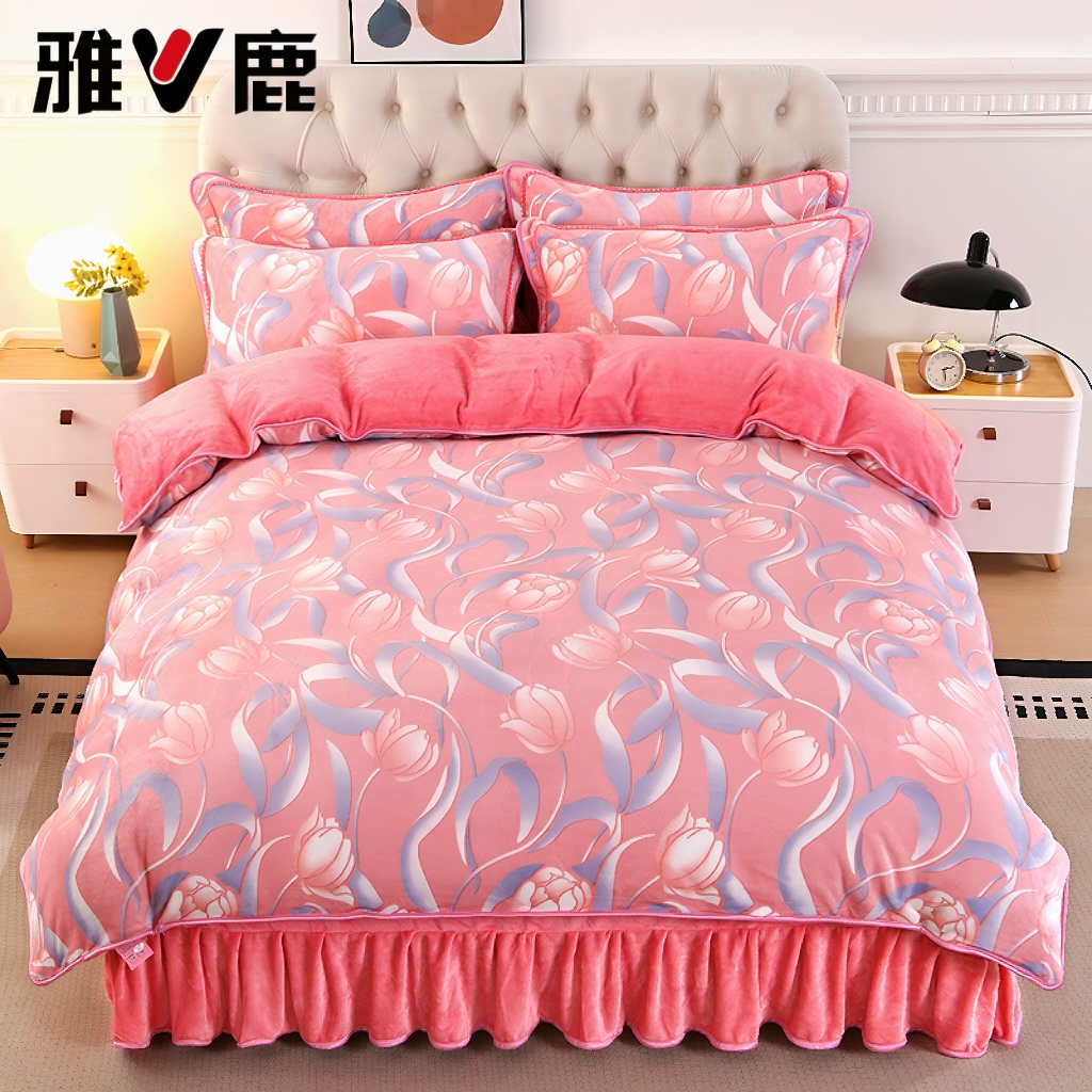 V/雅鹿加厚牛奶绒被套单件被套双面绒被罩牛奶绒被罩单件三件套