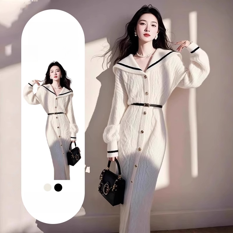 小香风高级感穿搭白色针织连衣裙2025新款秋冬季气质海军领长裙子