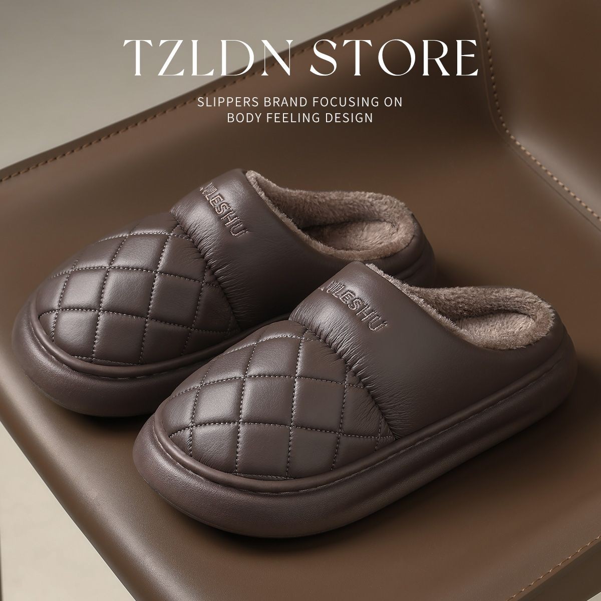 润柔防水棉拖鞋男款冬季加厚底新款pu材质加绒防滑皮棉拖男士冬天