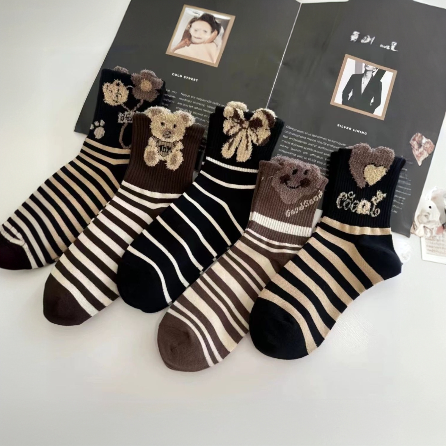 【5双】ins女士棉袜秋冬季加厚保暖网红袜子百搭条纹复古短筒袜女袜