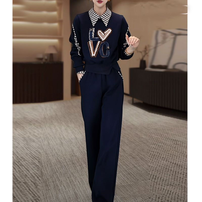 2024秋季新款女装气质休闲时尚套装女假两件翻领卫衣阔腿裤两件套