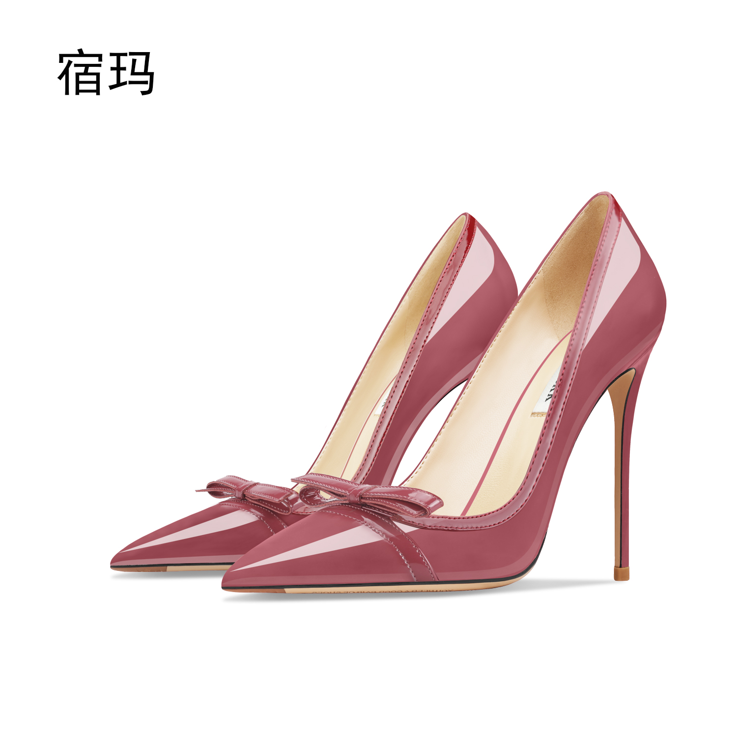 宿玛酒红色漆皮蝴蝶结高跟鞋女2025年新款细跟尖头浅口百搭单跟鞋