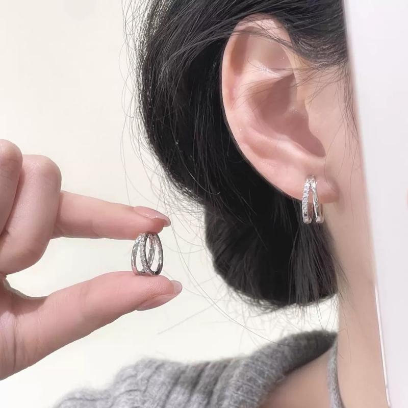 合金耳饰 轻奢高级感镶钻银色素圈耳环女小众设计双层耳扣耳饰女
