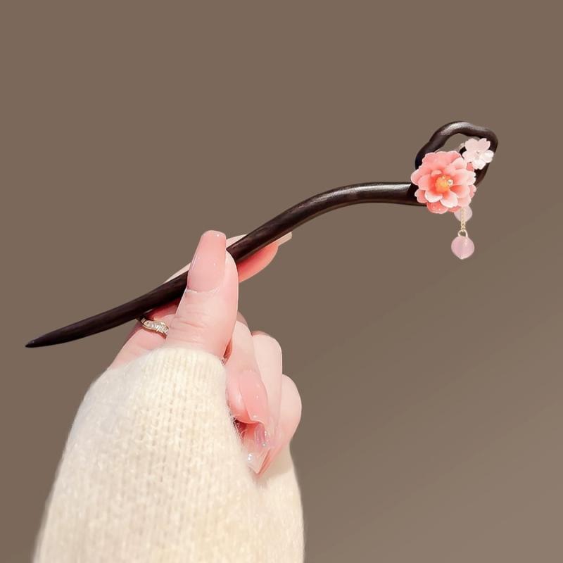 牡丹花流苏檀木发簪女新款简约古风手工盘发簪子步摇国风汉服发钗