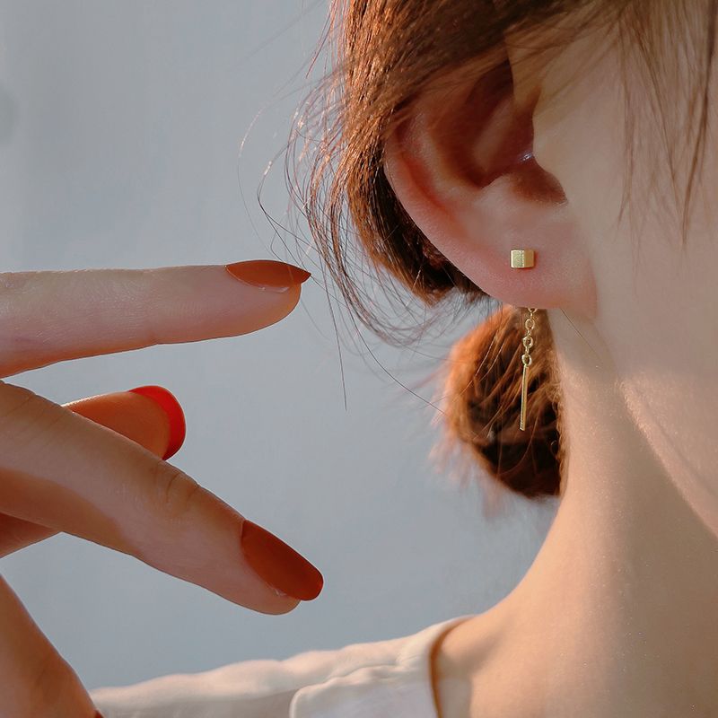 防过敏不掉色钛钢耳线女几何方块立方体5cm短款ins洋气爆款耳饰品
