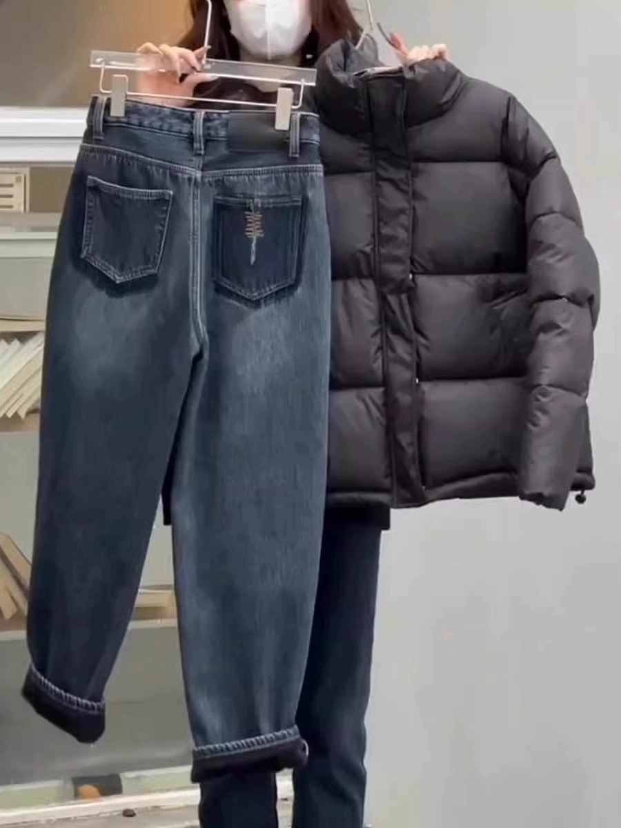 2025年秋冬新款高腰窄版哈伦牛仔裤子大码胖mm宽松显瘦九分萝卜裤