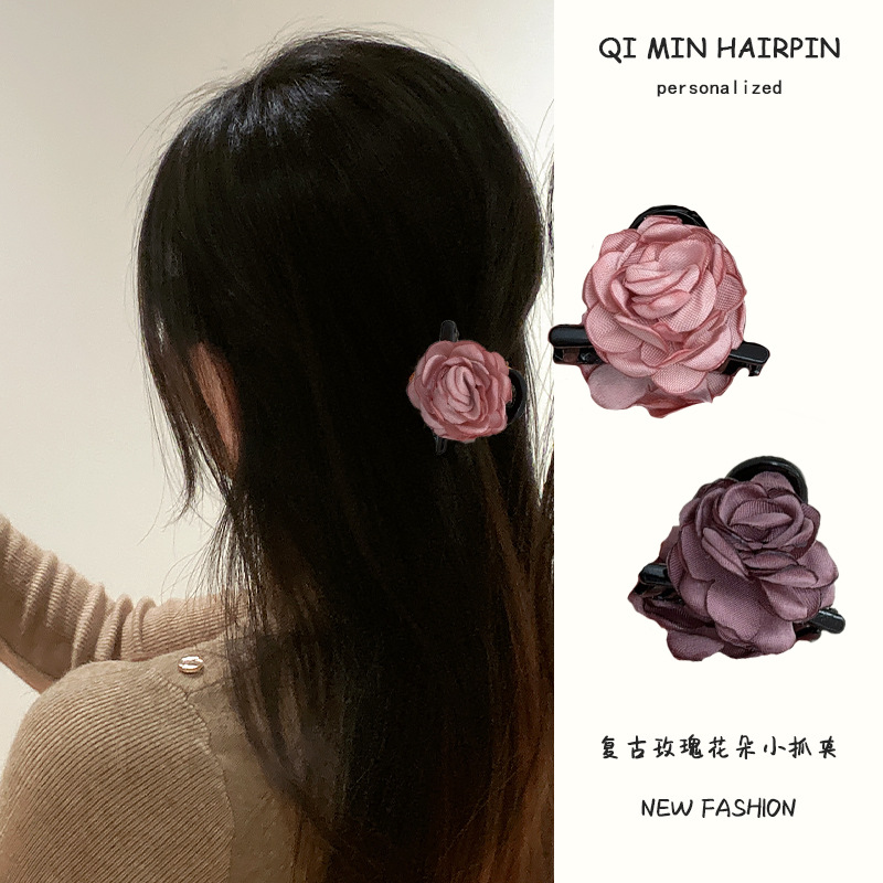 复古玫瑰花朵小抓夹侧边刘海小号发夹侧边半扎刘海夹气质百搭法式