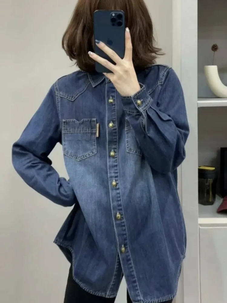 【保暖百搭】显瘦牛仔衬衫女秋冬新款宽松内搭叠穿上衣休闲加厚衬衣