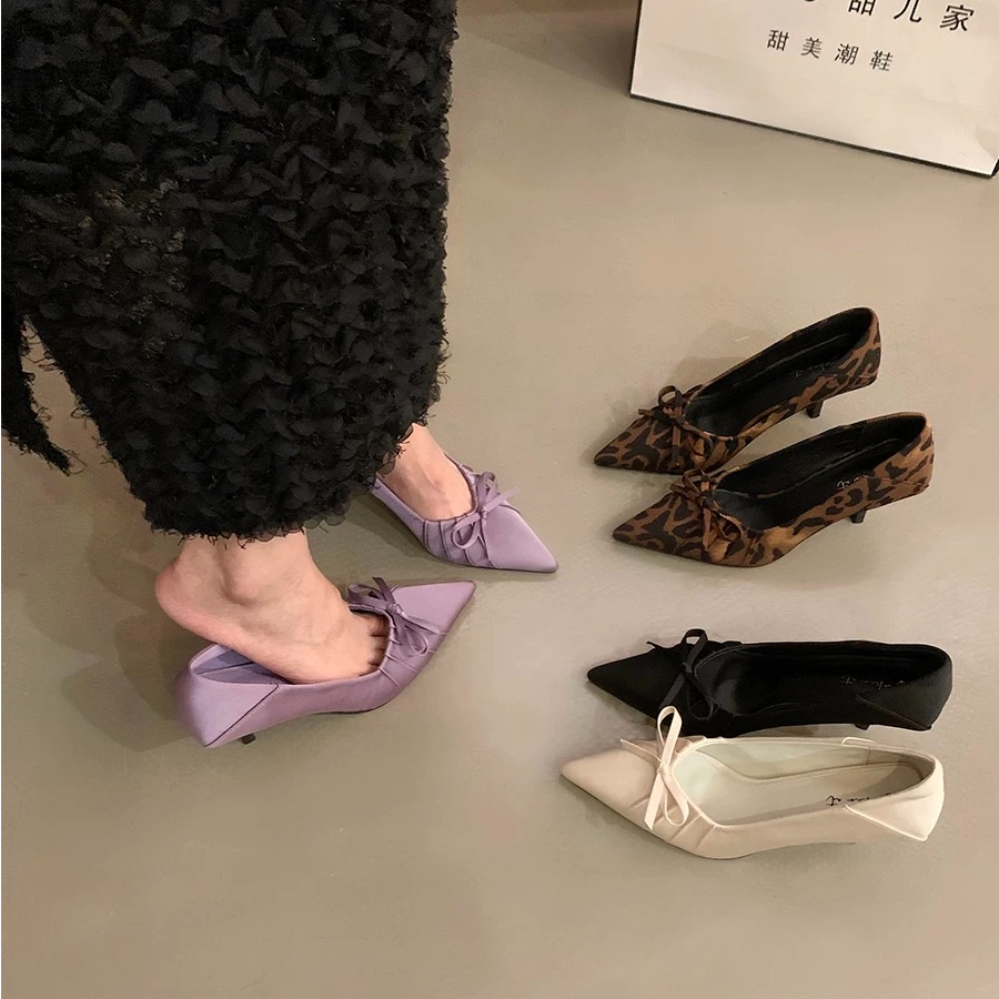 A899-1尖头豹纹浅口单鞋女2025法式气质名媛仙女蝴蝶结细跟高跟鞋
