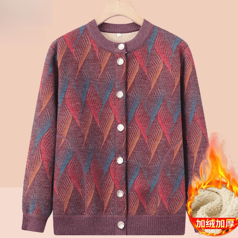 彩羊中老年人毛衣外套女奶奶秋冬装加绒妈妈保暖上衣70岁80