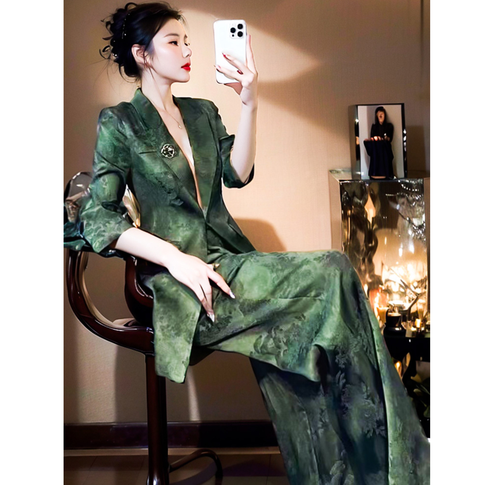 清冷感新中式国风套装轻奢高级感绿色提花西装直筒裤两件套女西服