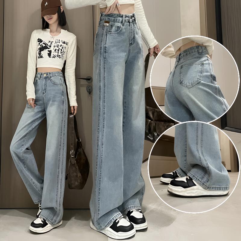 加绒窄版阔腿牛仔裤女2024秋冬新款撞色小标侧边双线小个子直筒裤