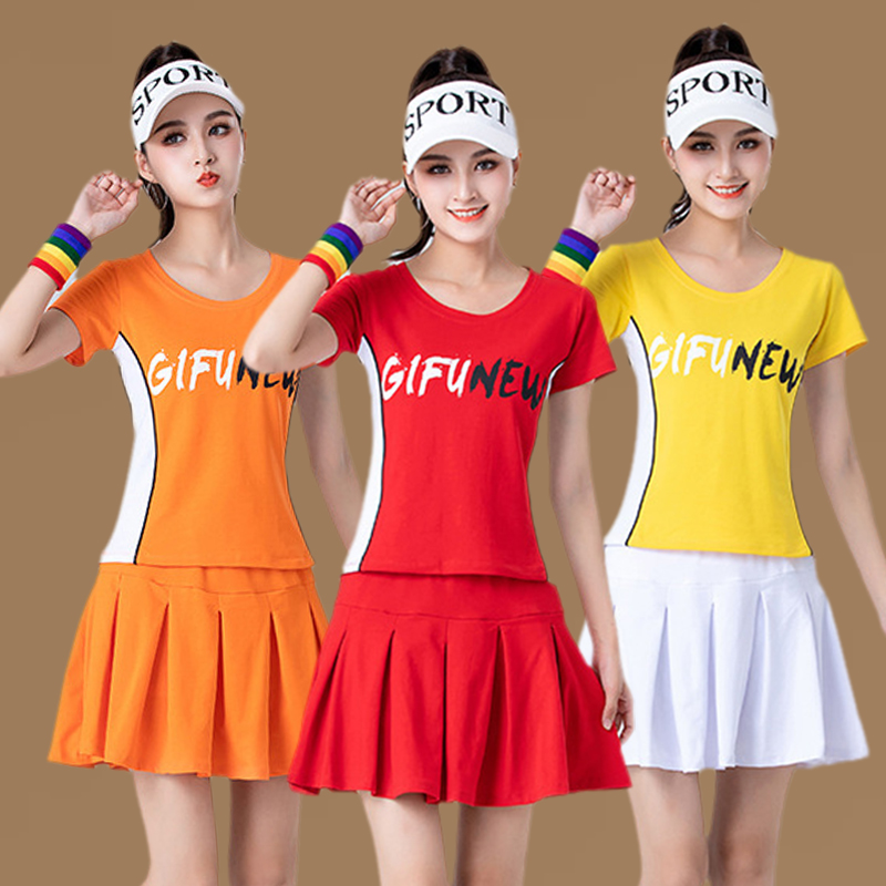 夏季新款广场舞圆领印花短袖健身操演出服跳曳步舞百褶裙时尚套装