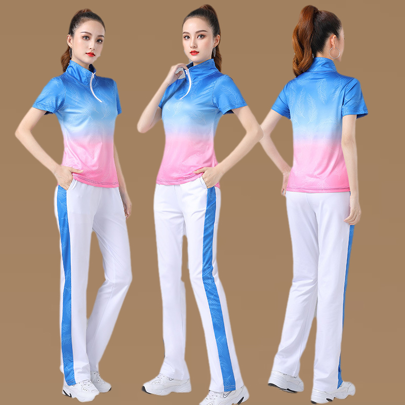 佳木斯运动健身操广场舞服装新款渐变短袖速干休闲套装团队演出服