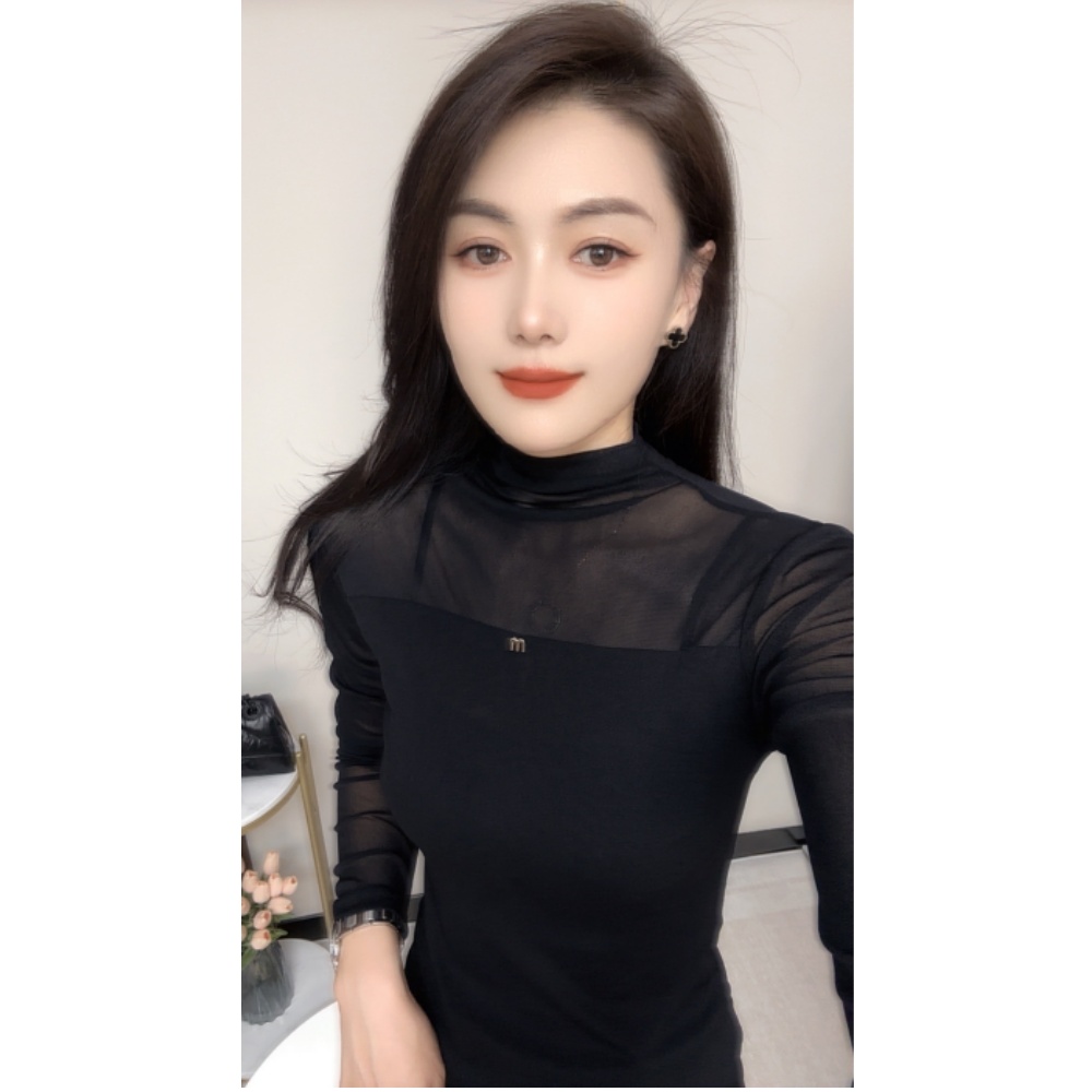 2024年夏季新款百搭长袖纯色圆领网纱t恤女时尚修身显瘦打底衫潮