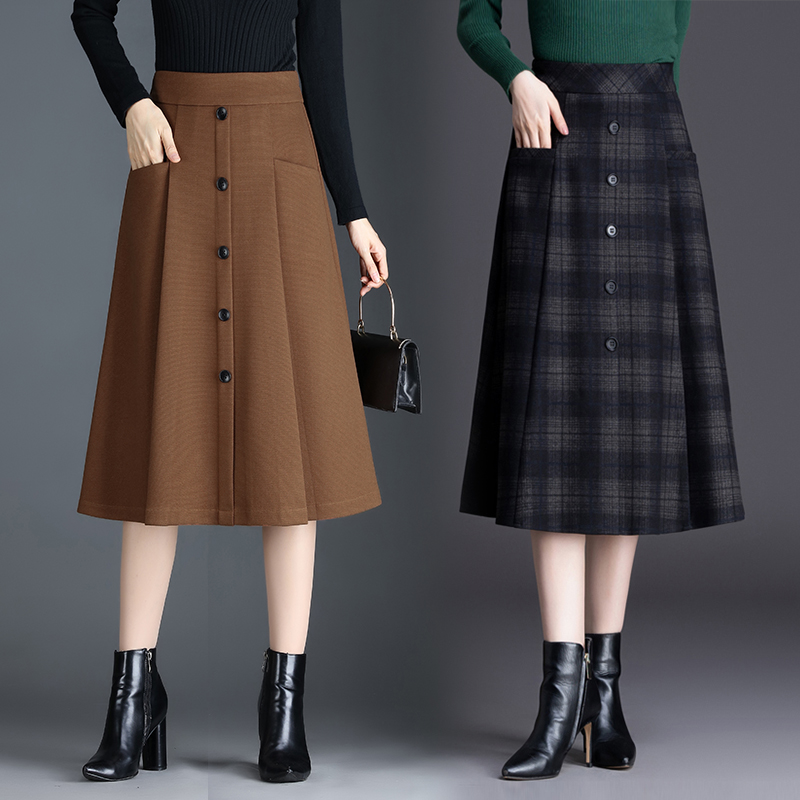 毛呢印花格子秋冬高腰半身裙咖色长裙a字裙毛呢中长款半裙