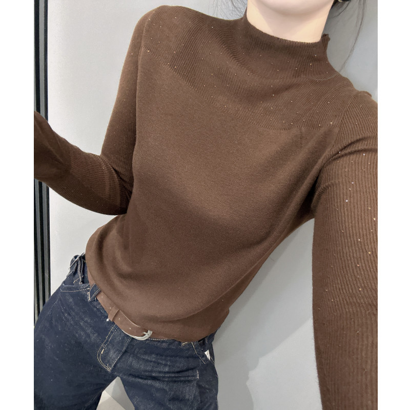 重工烫钻针织衫长袖女秋冬新款修身弹力内搭毛衣打底衫半高领上衣
