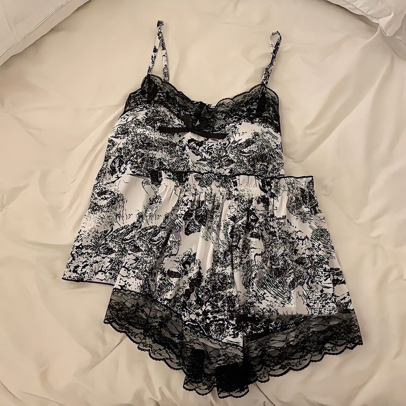 ins法式蕾丝吊带睡衣女夏季2025年新款水墨冰丝薄款带胸垫家居服