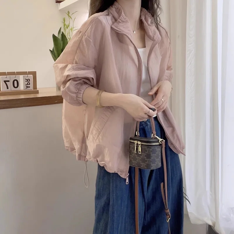 薄款防晒上衣女2025春夏新款时尚慵懒风宽松拉链立领长袖休闲外套