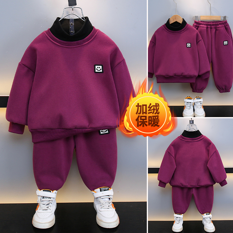 男童秋冬加绒保暖套装2024新款儿童小男孩时尚休闲运动卫衣两件套