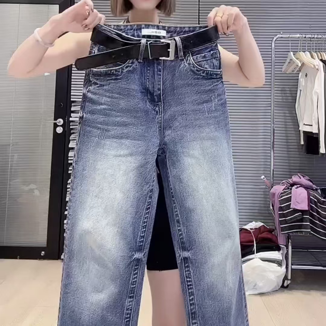 秋冬新款加绒加厚渐变别致显瘦阔腿牛仔裤高腰显瘦大码直筒牛仔裤