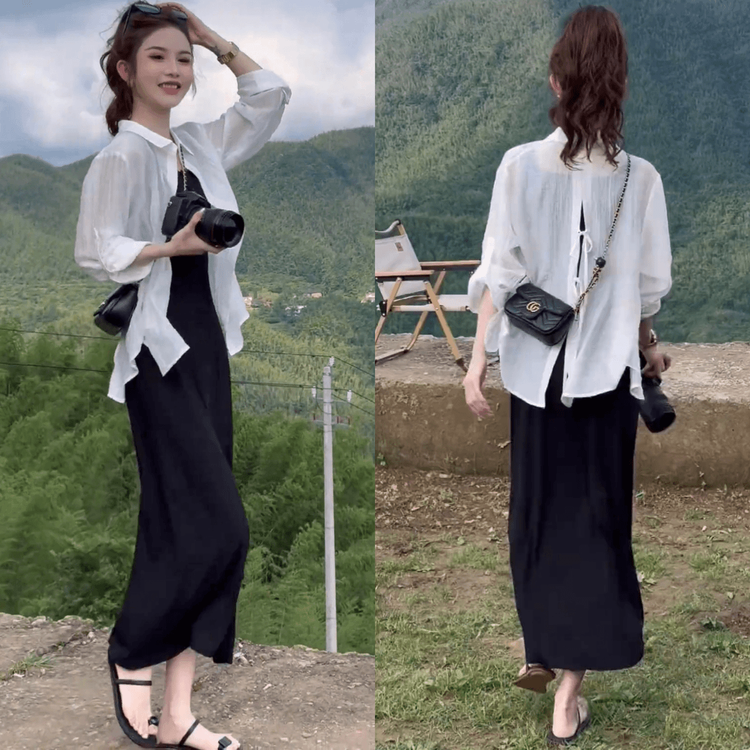 夏季必备绑带别致防晒衬衫气质显瘦时尚百搭黑色裙子长裙女款套装