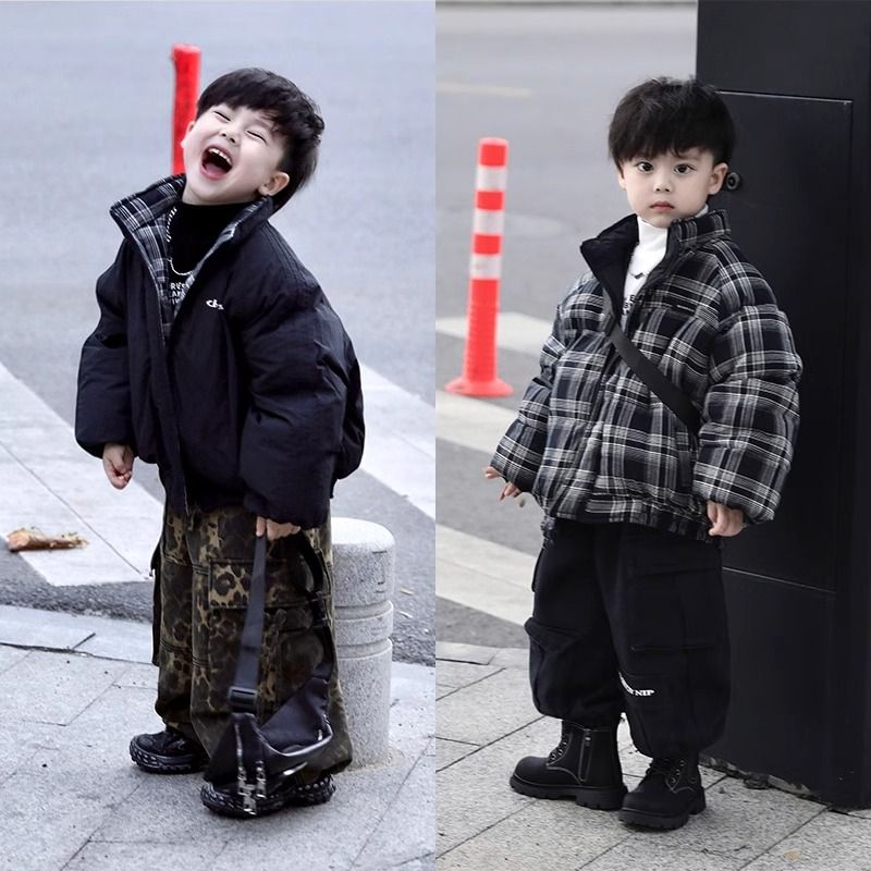 男童加厚两面穿外套2024新款保暖棉服男宝棉袄冬款套装加绒工装裤