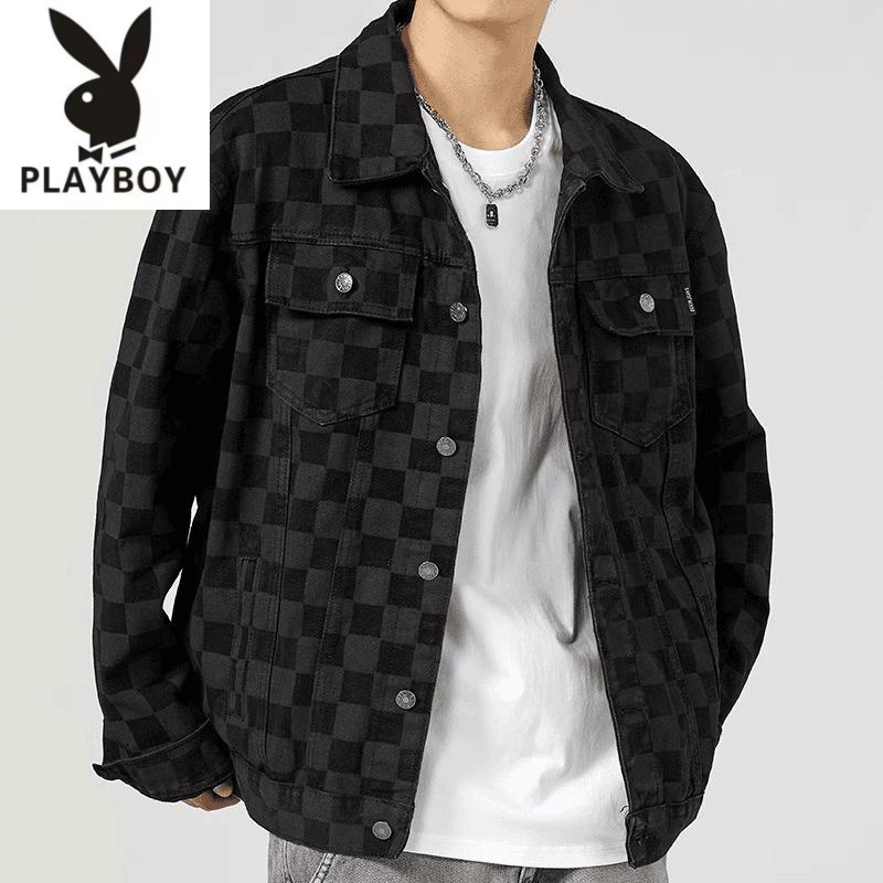 花花公子春秋季棋盘格牛仔夹克男美式潮流百搭男士休闲外套秋冬