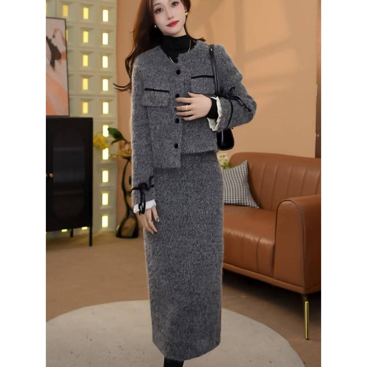 【重磅720g】小香风两件套法式轻奢秋冬气质显瘦加厚外套半身裙套装
