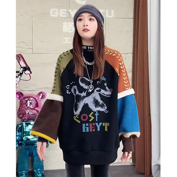 【GYT】冬季卫衣加绒跨年款圆领针织袖子拼接潮流时尚慵懒风卫衣444