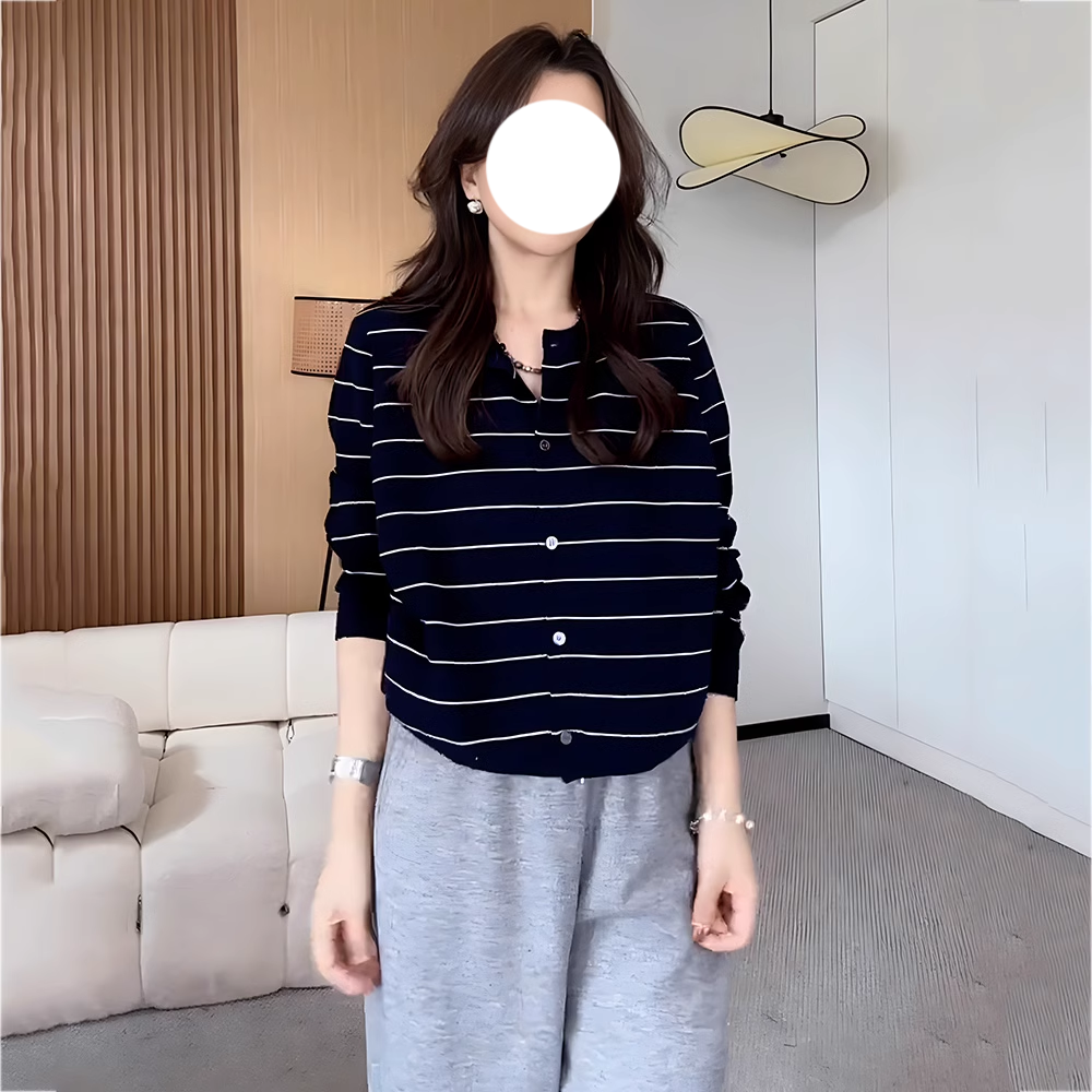 大码高级感条纹针织开衫女入秋2024韩系穿搭宽松显瘦圆领长袖上衣