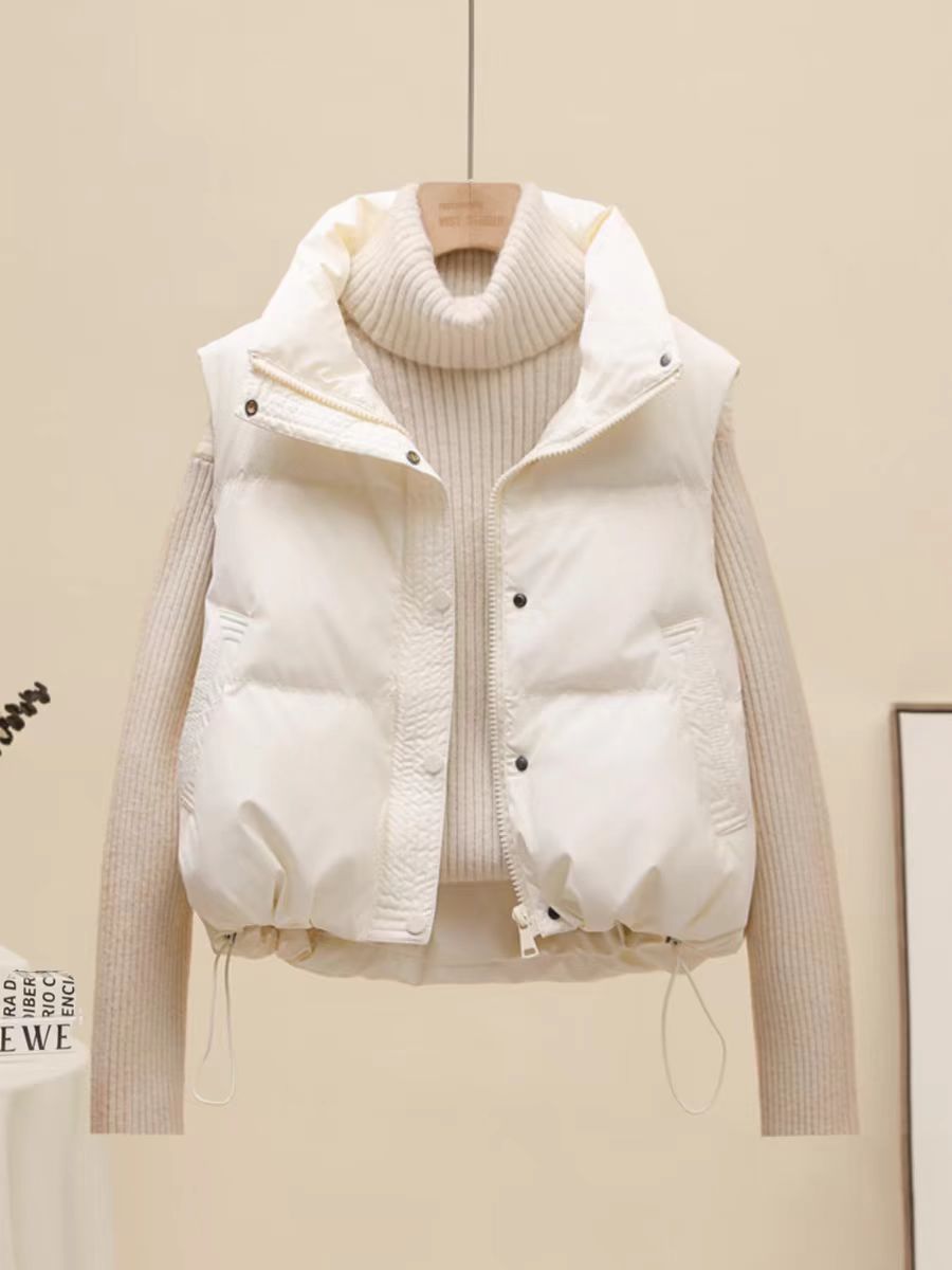 2025秋冬季羽绒棉服马甲女PU皮免洗立领宽松短款外穿洋气坎肩外套