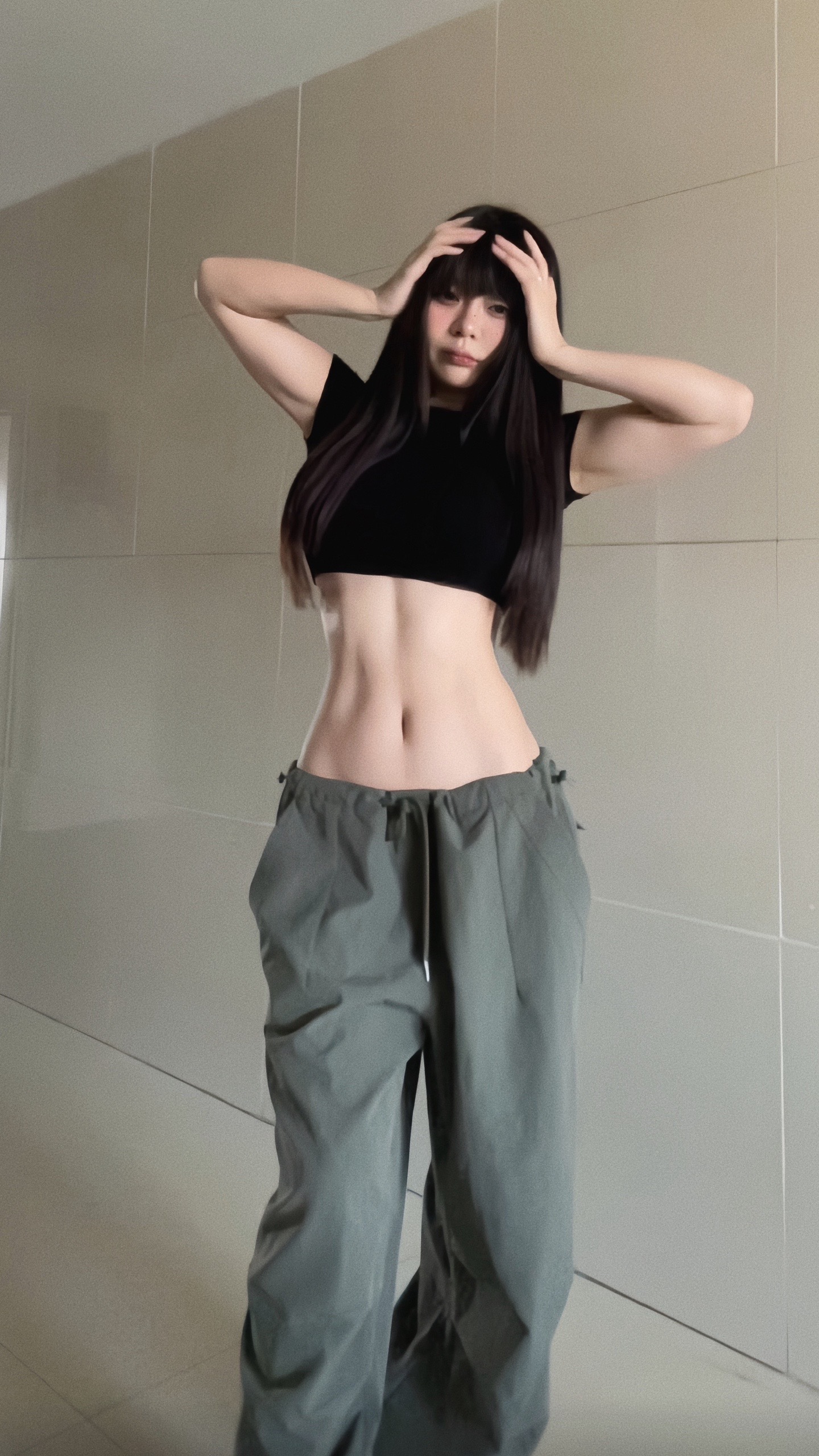 时尚抽绳高腰工装裤灰绿色休闲长裤女夏装宽松直筒阔腿裤拖地裤子