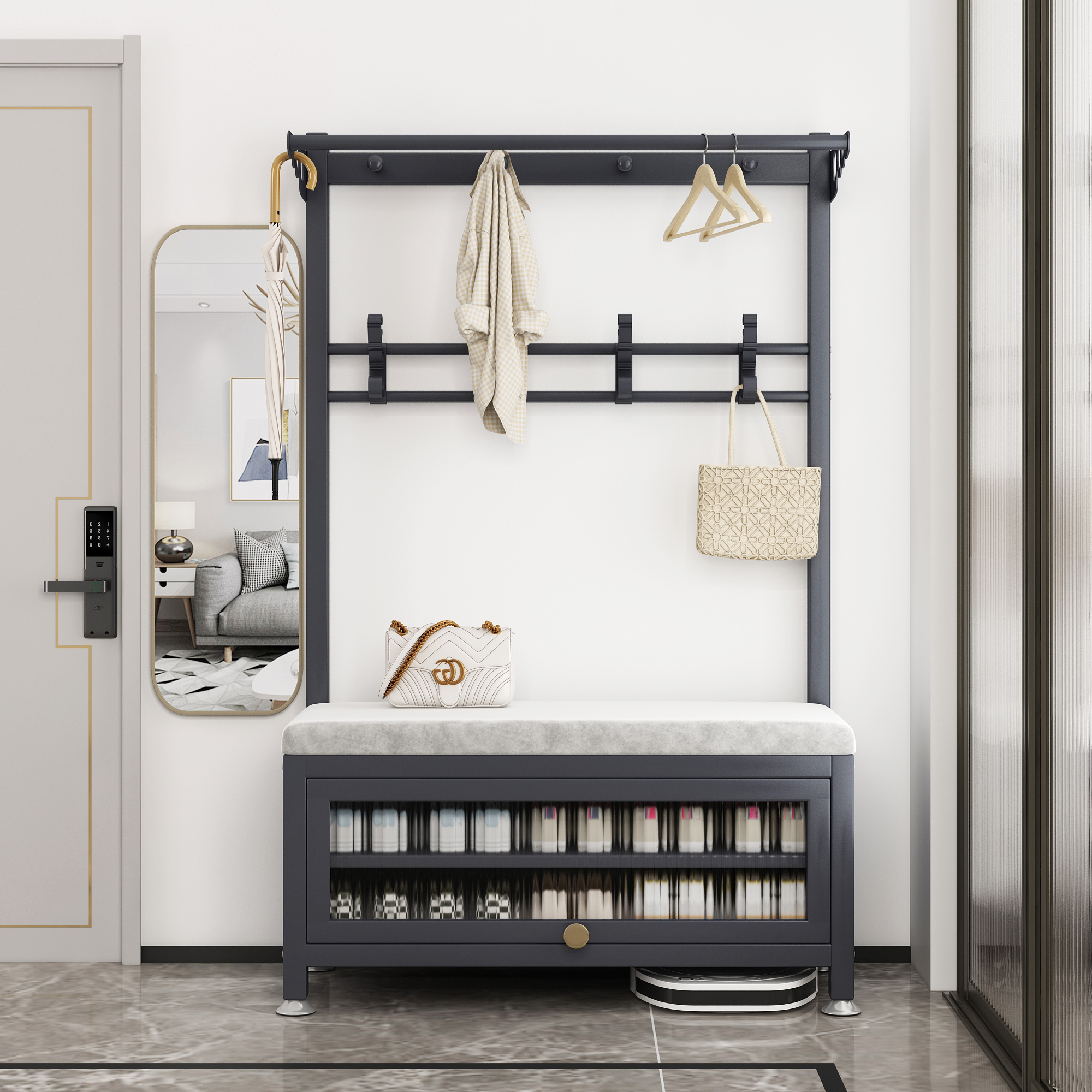 衣帽架落地多功能衣服挂架入户玄关进门换鞋凳挂衣架一体可坐鞋柜