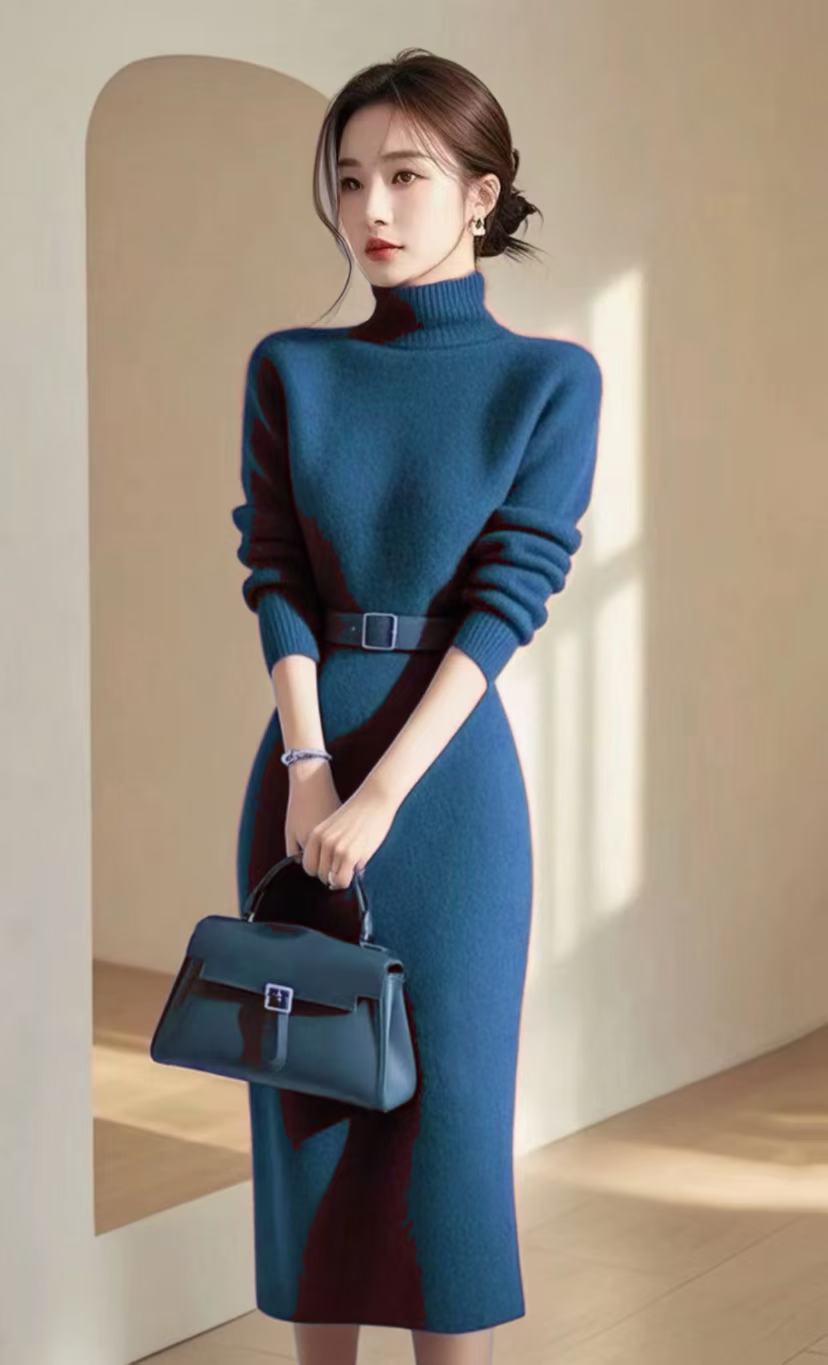 现货发SS526富家千金高级感穿搭长裙赫本风湖蓝色连衣裙秋冬女