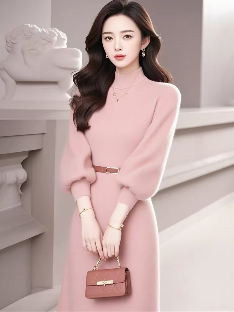SS541冬法式气质女神范轻奢高级感端庄大气温柔风粉色针织连衣裙