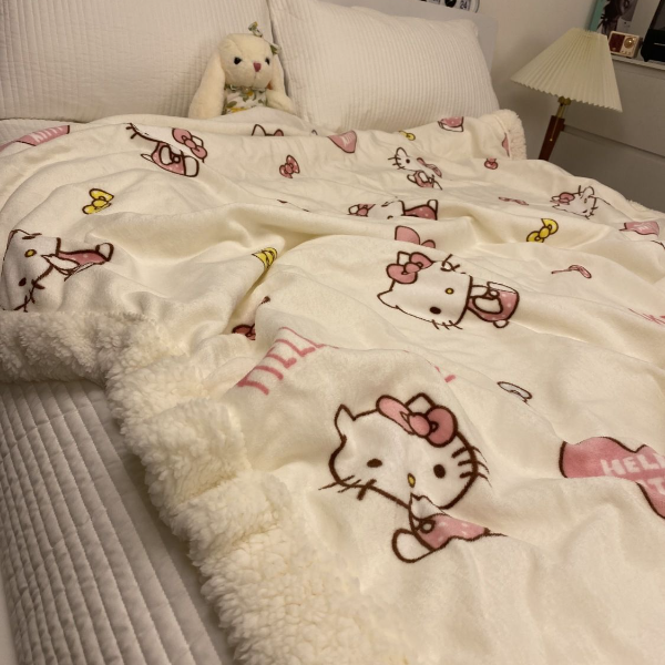 冬季加厚kitty猫可爱羊羔绒毛毯牛奶绒披肩双层加绒毯子少女心