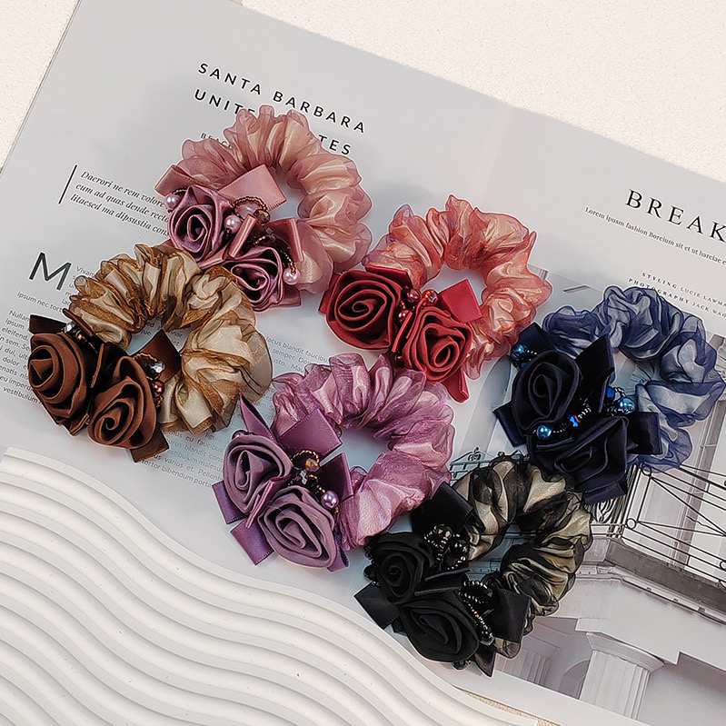 韩版花朵发圈新款欧根纱大肠发圈女高级感缎面发绳盘发头花头饰