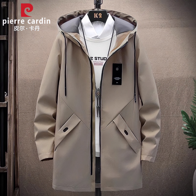 皮尔卡丹春秋季卡其风衣男士中长款连帽大衣潮流帅气休闲夹克外套