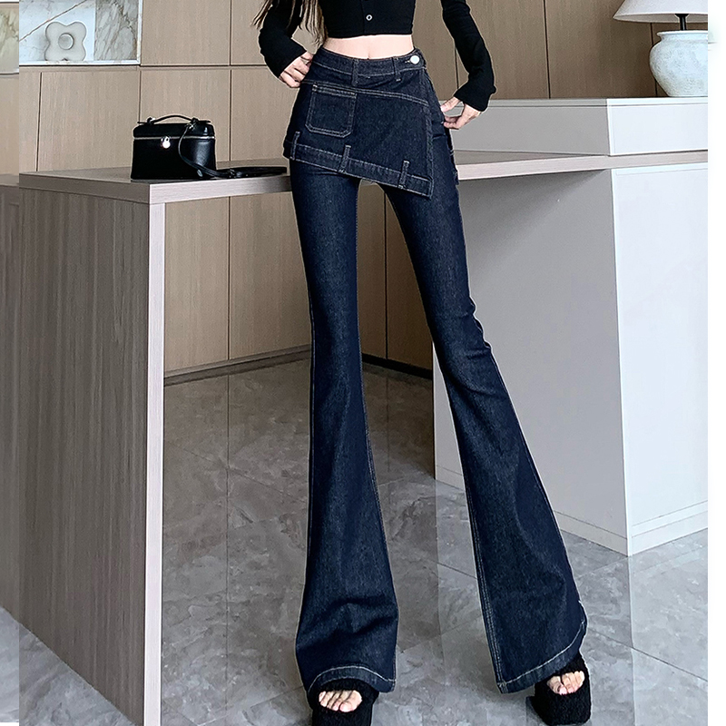 春秋季高腰裤裙百搭显瘦修身微喇叭裤设计感假两件复古马蹄牛仔裤