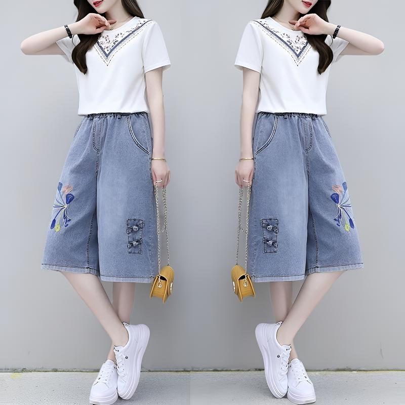 夏季薄款七分裤女2025新款大码松紧腰宽松直筒阔腿休闲刺绣牛仔裤
