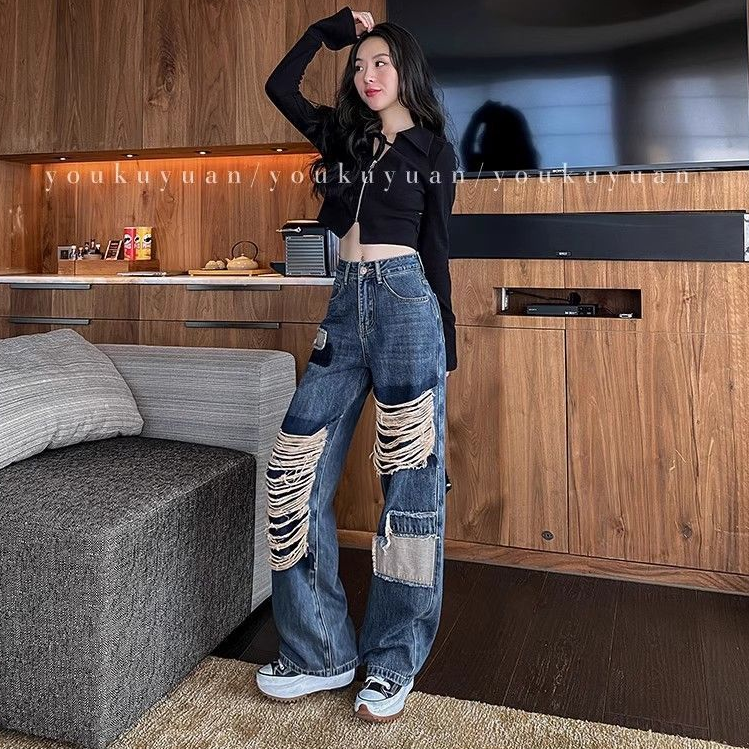 2024新款时尚高腰复古宽松显瘦休闲百搭垂感拖地阔腿破洞牛仔裤女