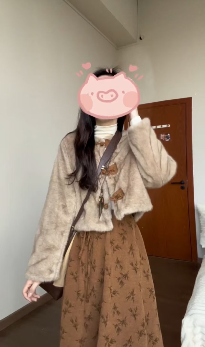 超好看毛毛外套碎花套装裙女2025秋冬ootd流行轻熟风加厚两件套潮