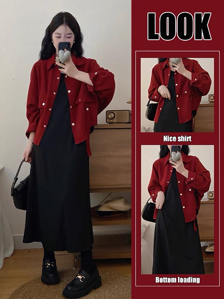 初秋装穿搭配一整套今年流行漂亮网红爆款红色两件套装连衣裙子女