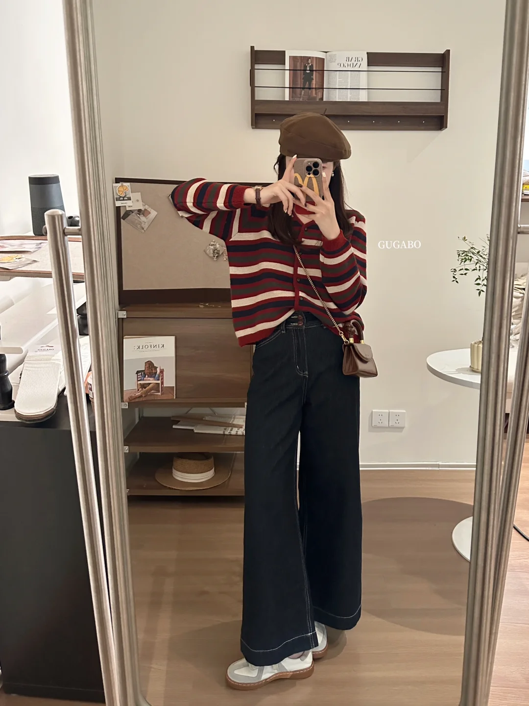 2025秋季一整套女韩系穿搭复古红色条纹针织上衣搭配牛仔裤两件套