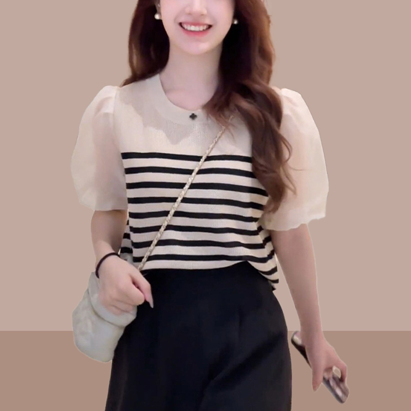 夏季冰丝薄款短袖t恤女小个子爆款2025新款泡泡袖百搭上衣服