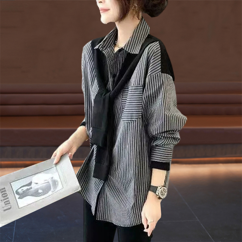 假两件女士长袖衬衫披肩2025春秋季装新款时尚显瘦条纹衬衣上衣女