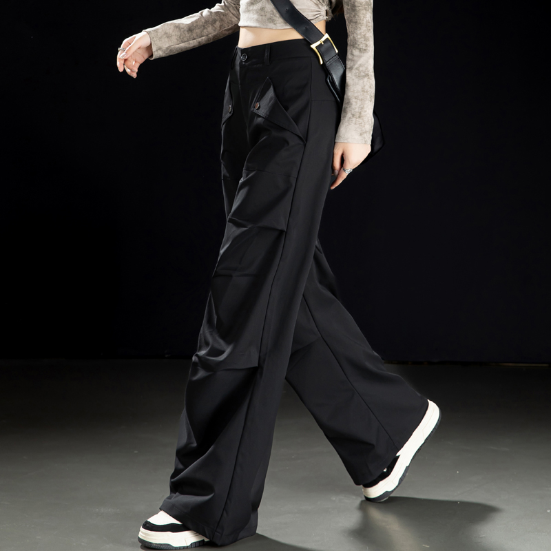 美式降落伞工装裤女款秋冬黑色阔腿裤女小个子褶皱世界直筒裤长裤