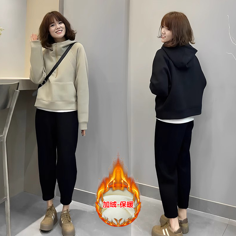 时尚套装秋冬新款时尚加绒加厚连帽卫衣高腰休闲阔腿裤减龄两件套